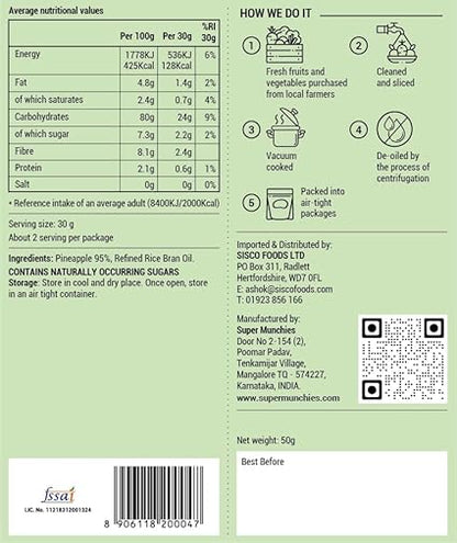 Super Munchies Vacuum Cooked PINEAPPLE Chips, Vegan Healthy Snacks, Gluten-Free & Nut-Free (Pack of 8 x 50g)